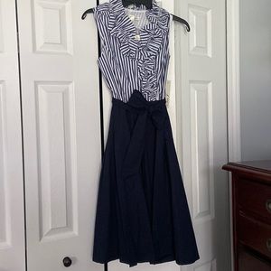 NWT Eliza J ruffle collar midi dress - navy blue/white size 6